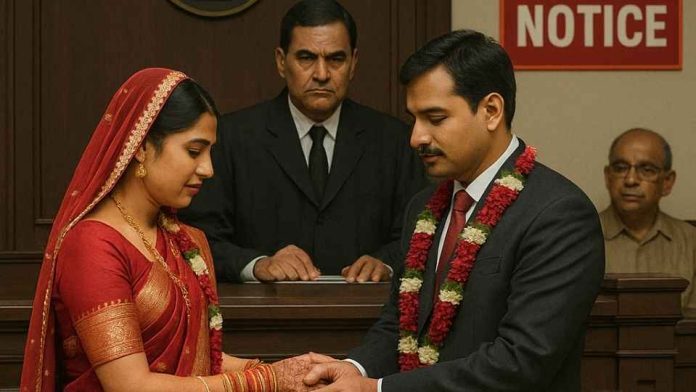 Visual representation of law and matrimony intersecting at court setting.